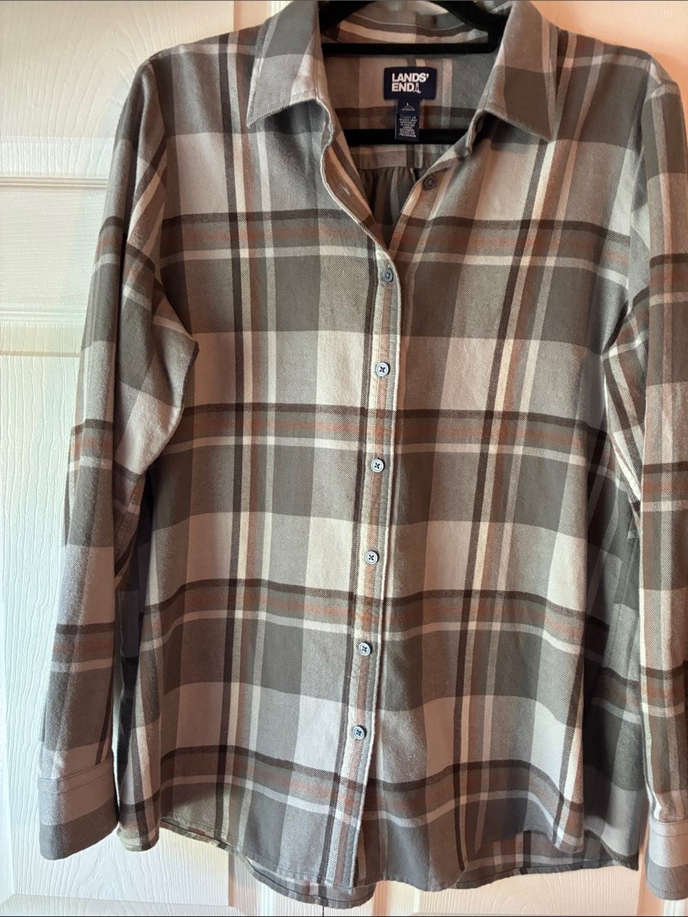 Lands' End women’s Plaid Button-Down Shirt in Brown and Cream